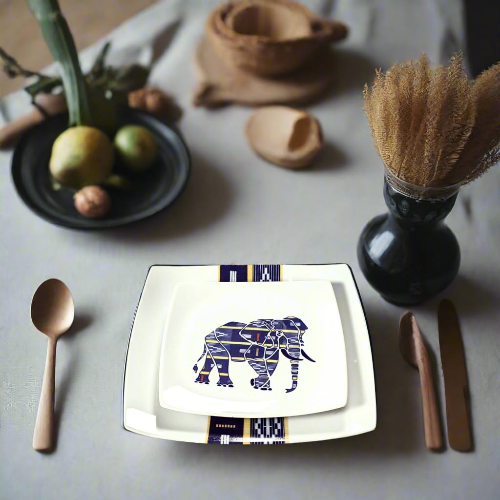 Coffret d'assiettes carrées en porcelaine fine Française fabriquées à la demande avec motif bande Éléphant Ethnique d'Afrique "Baoulé" de Côte d'Ivoire dans coffret de 12 assiettes