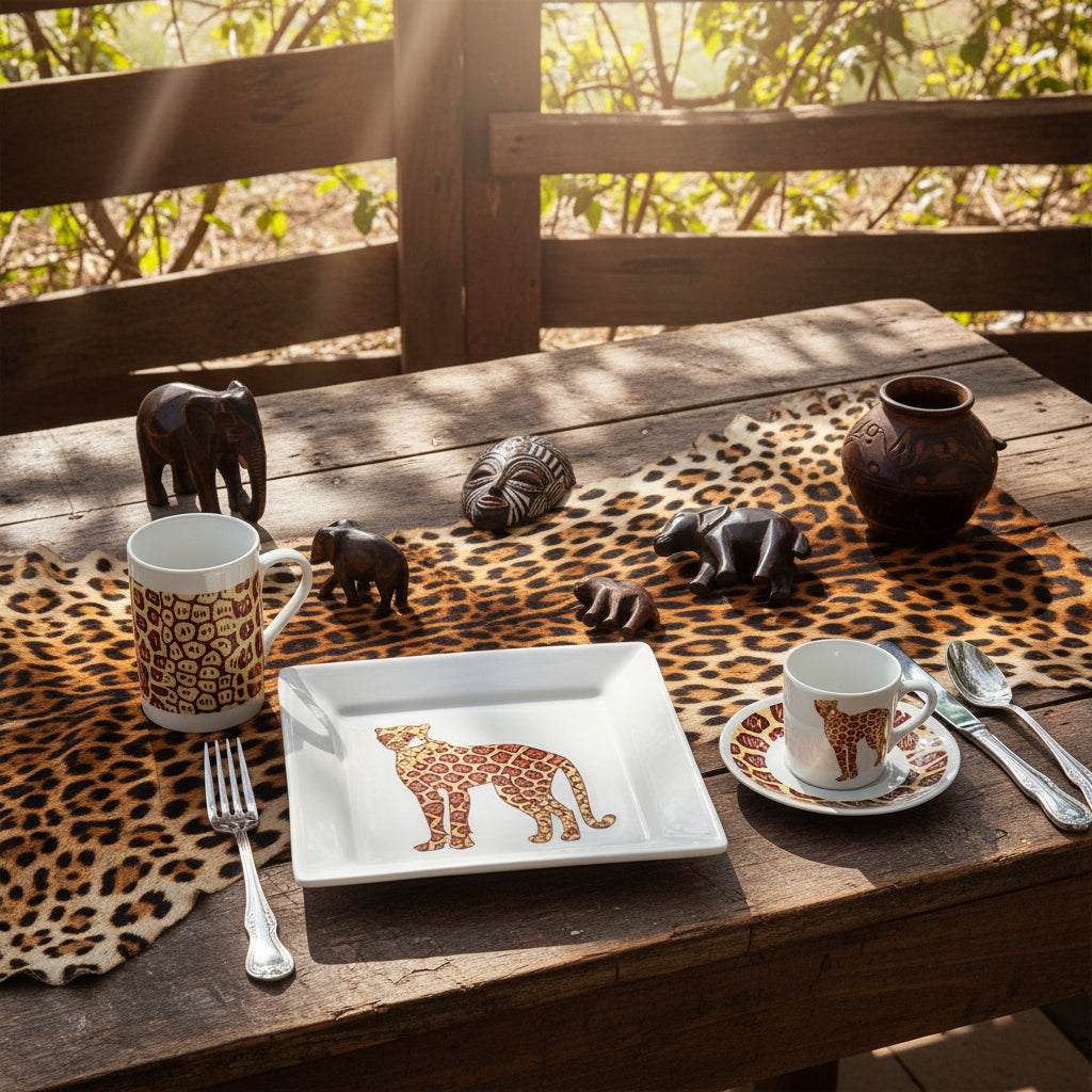 Coffret petit déjeuner en porcelaine fine française, orné d’un motif wax "Léopard", composé d'une petite assiette, d'un bol et d'un MUG, présentés dans une boîte prestige.
