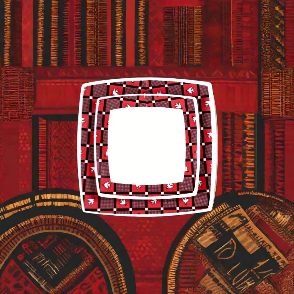 Coffret d'assiettes carrées en porcelaine fine Française fabriquées à la demande avec motif bande Ethnique d'Afrique "Lwili-Pende" du Burkina Faso dans coffret cadeau de 6 assiettes.