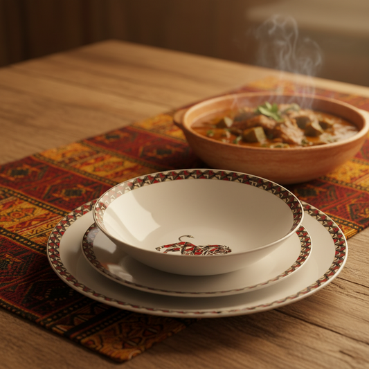 Coffret d'assiettes rondes en porcelaine fine Française avec motif anneaux fins Ethnique bogolan détaillé avec "lion" de Côte d'ivoire (6 assiettes)