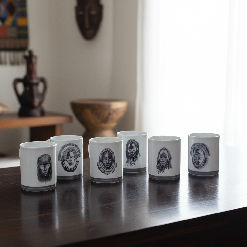 Mug en porcelaine fine Française fabriqué à la demande, motif d'Afrique, Côté d'Ivoire extérieur masques "Yacouba" et "Dan" 4