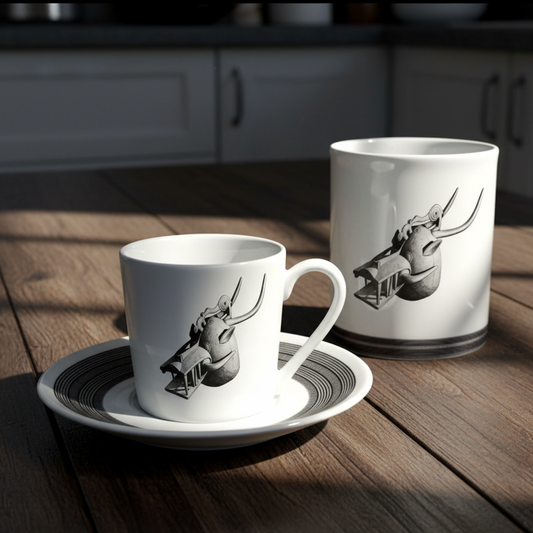 Mug ou Tasse à café en porcelaine fine Française fabriqué à la demande, motif d'Afrique, Côté d'Ivoire MASQUE HEAUME SENOUFO, A tête d'animal à la gueule béante armé de crocs 2