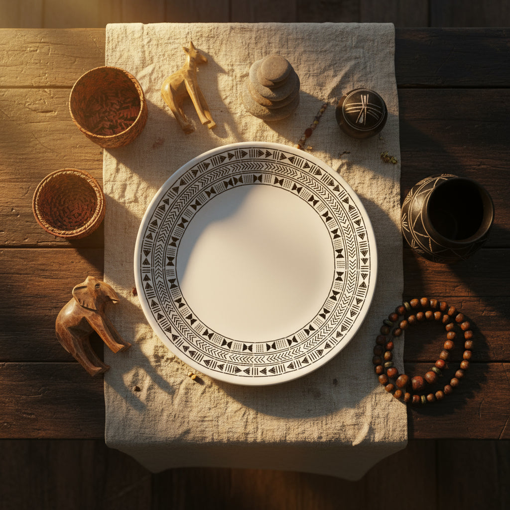 Assiettes petite ou grande en porcelaine fine Française fabriquées à la demande, motif Ethnique "Bogolan"