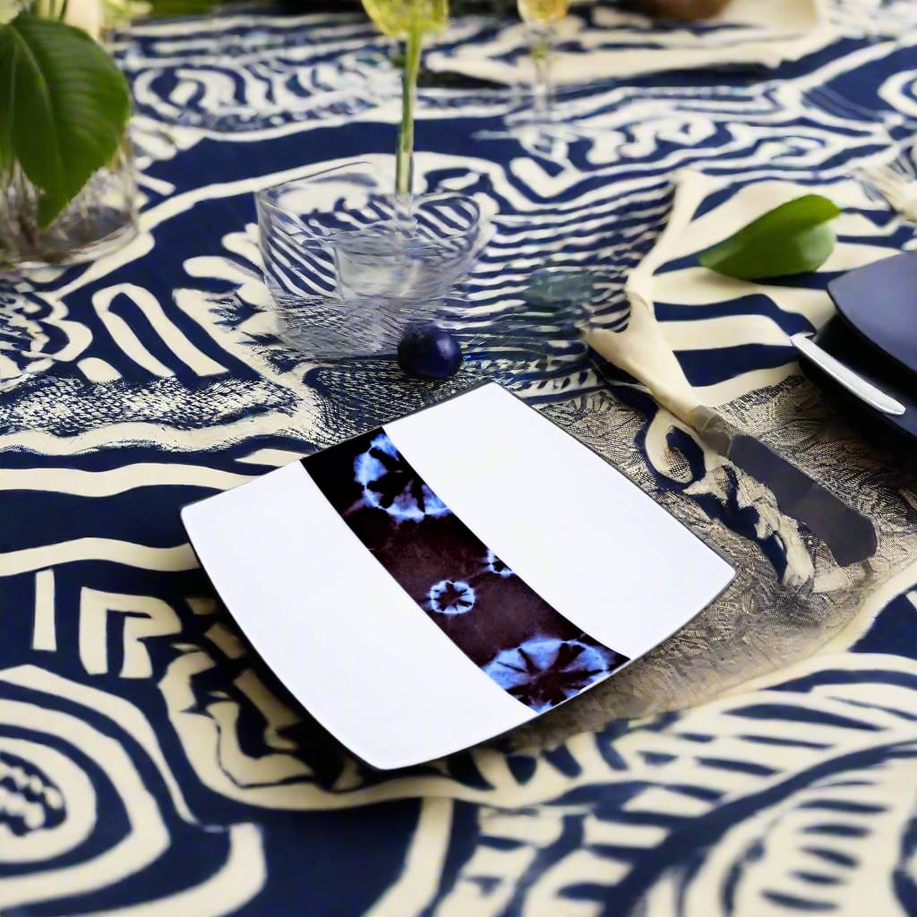 Coffret d'assiettes carrées en porcelaine fine Française fabriquées à la demande avec motif bande ethnique d'Afrique "Indigo bleu et noir" , présenté dans un coffret de 6 assiettes.