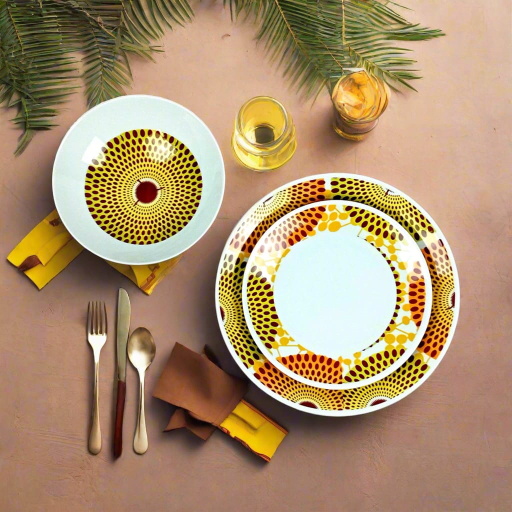 Coffret d'assiettes en porcelaine Française fabriquées à la demande avec motif anneaux larges wax d'Afrique Gammaphone orange dans coffret