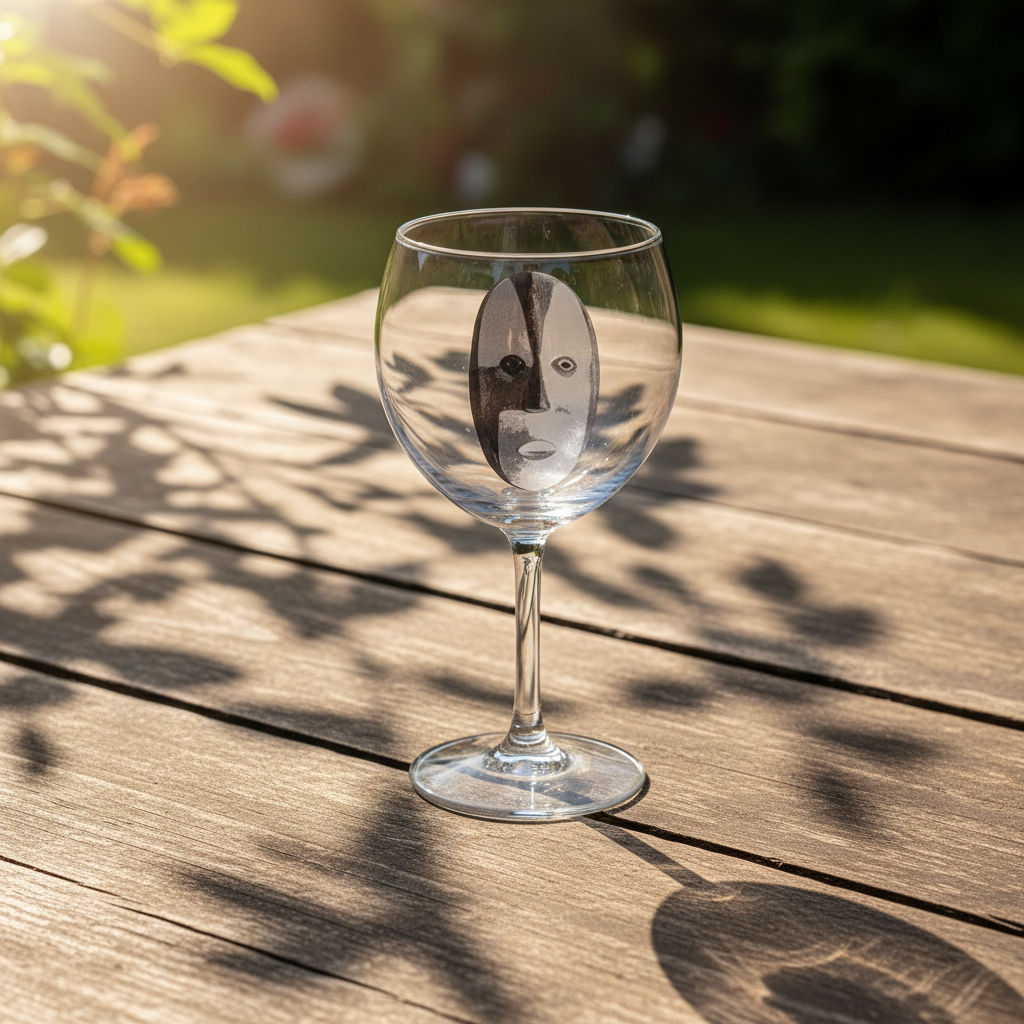 Verre à champagne avec motif masque du Bénin et disque sous pied au motif géométrique noir