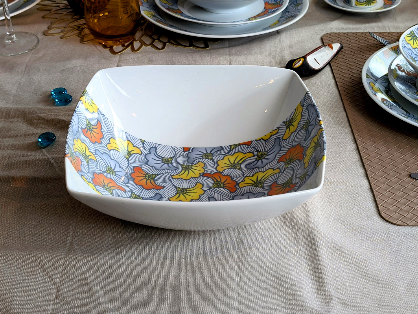 French porcelain salad bowl with African wax stripe pattern "Wedding Flowers" in box