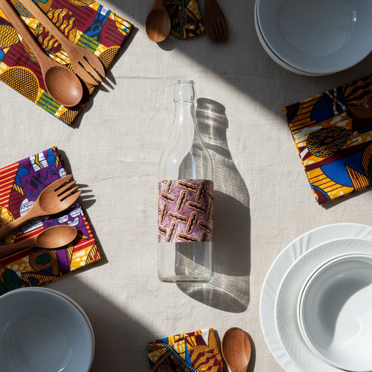 Bouteille en verre motif wax d'Afrique "haricot"