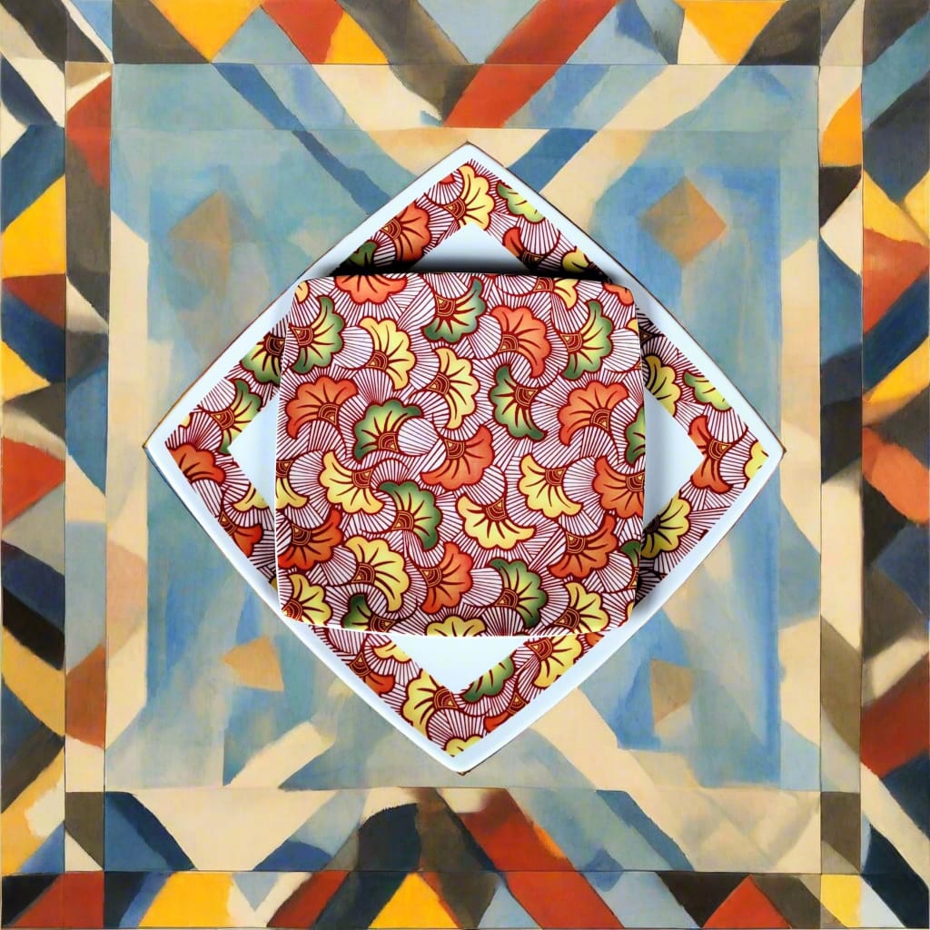 Coffret d'assiettes en porcelaine fine Française fabriquées à la demande avec motif anneau combiné WAX d'afrique "Fleurs de Mariage" rouges dans coffrets de 12