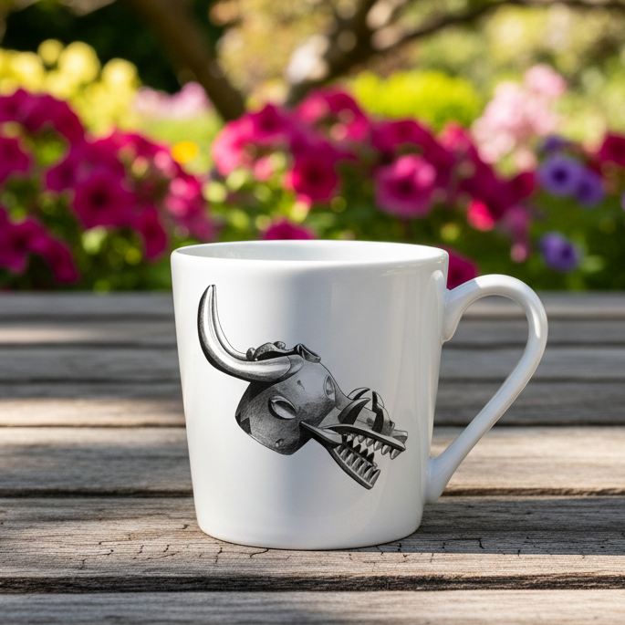 Mug ou Tasse à café en porcelaine fine Française fabriqué à la demande, motif d'Afrique, Côté d'Ivoire MASQUE HEAUME SENOUFO, A tête d'animal à la gueule béante armé de crocs 3