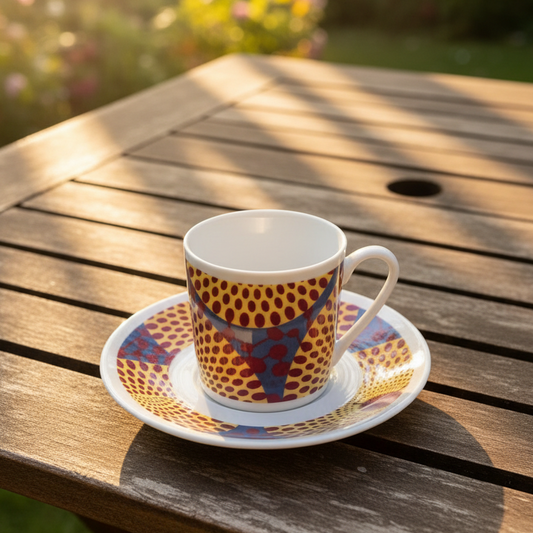 Tasse à Café en porcelaine Française avec soucoupe motif plein wax d'Afrique Gammaphone jaune, bleu et grenat