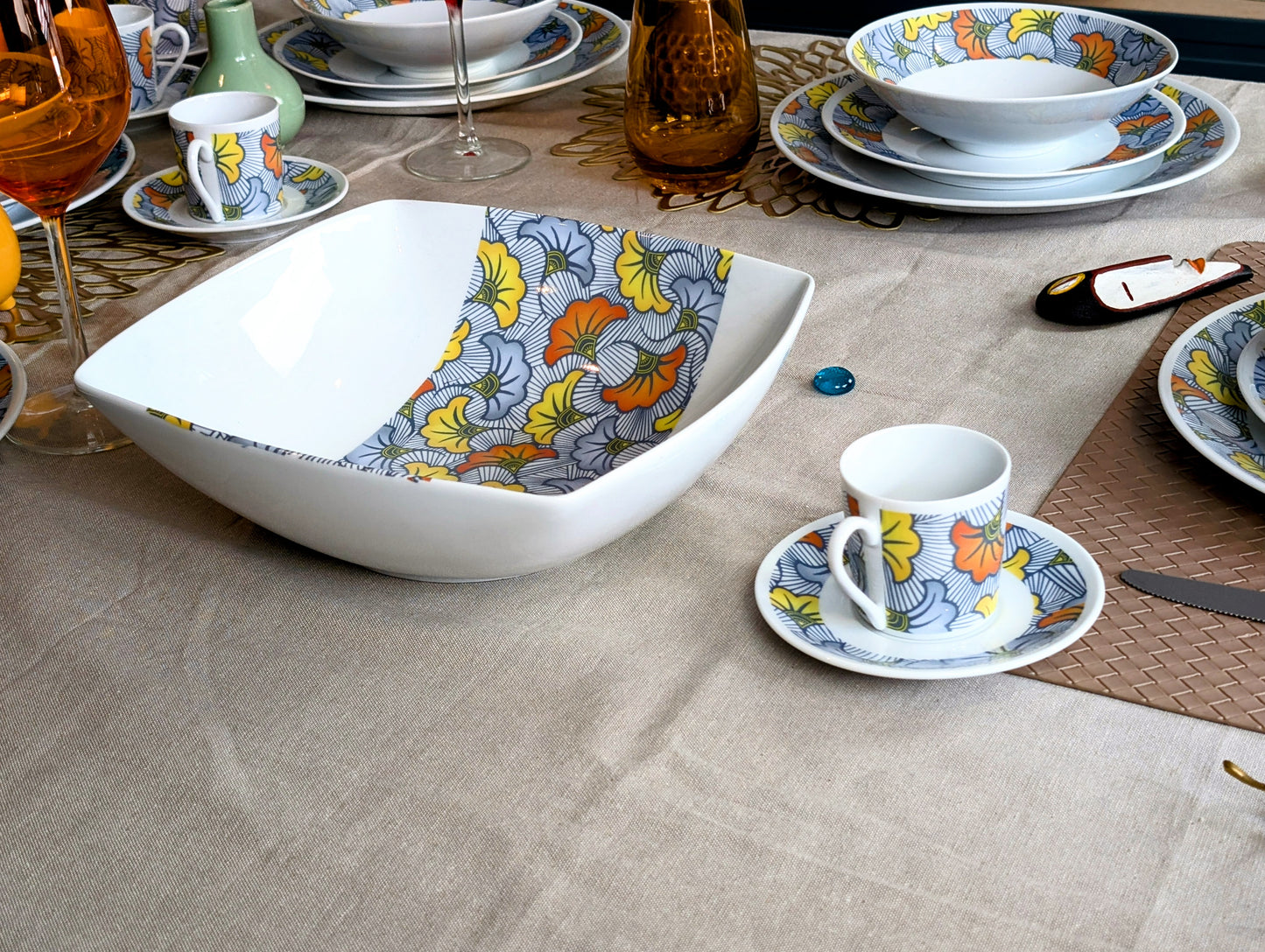 French porcelain salad bowl with African wax stripe pattern "Wedding Flowers" in box