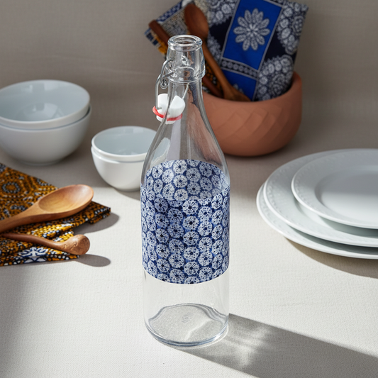 Bouteille en verre motif wax d'Afrique "indigo"