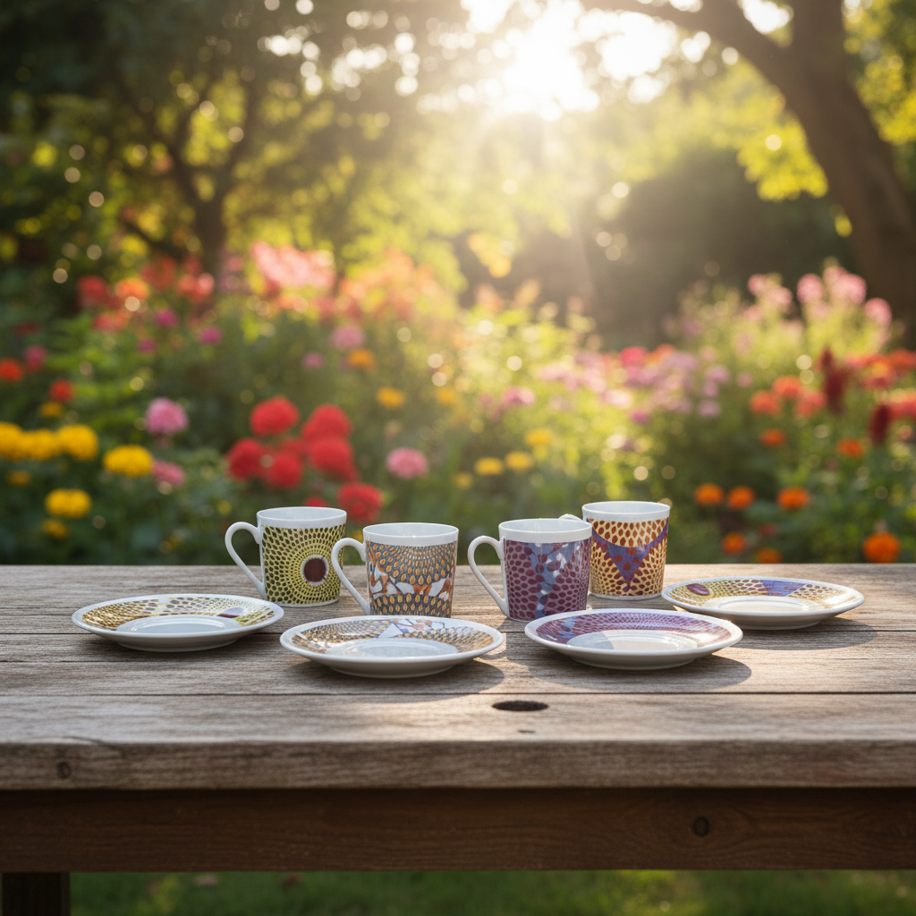 Tasse à Café en porcelaine Française avec soucoupe motif plein wax d'Afrique Gammaphone jaune, bleu et grenat