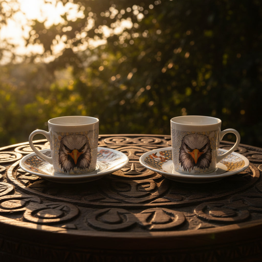 Tasse à Café en porcelaine Française avec soucoupe motif plein wax d'Afrique Gammaphone avec aigle