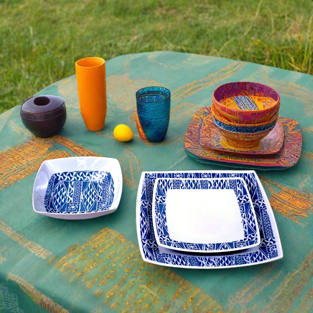 Coffret d'assiettes carrées en porcelaine fine Française fabriquées à la demande avec motif anneau ethnique d'Afrique "Ndop", du Cameroun présenté dans un coffret de 6 assiettes.