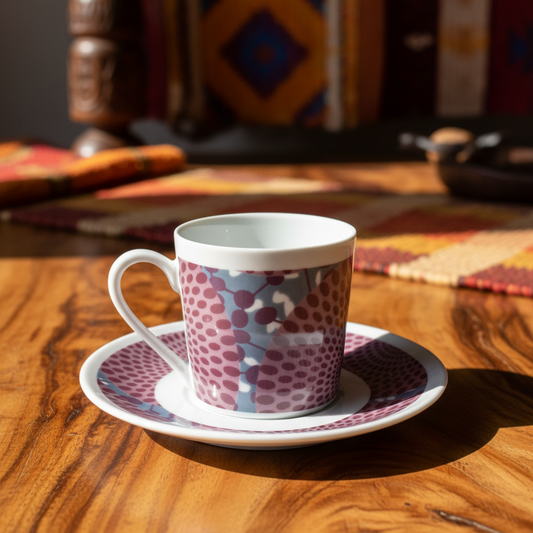Tasse à Café en porcelaine Française avec soucoupe motif plein wax d'Afrique Gammaphone violet