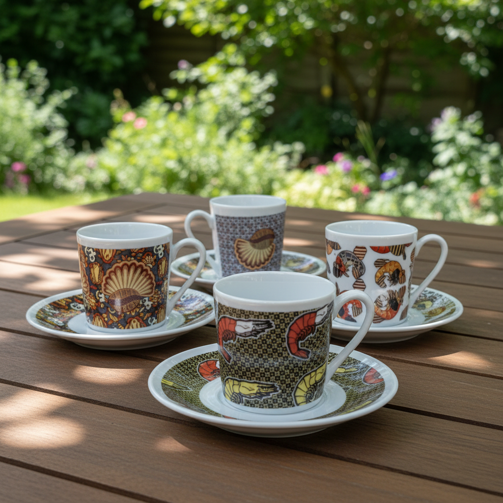 Tasse à Café en porcelaine Française avec soucoupe motif plein wax d'Afrique motif "escargot"