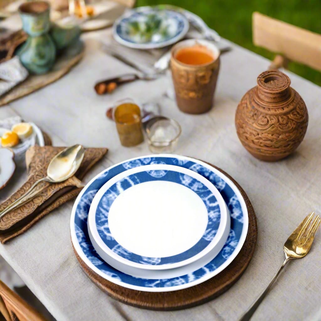 Coffret d'assiettes rondes en porcelaine fine Française fabriquées à la demande avec motif anneaux larges ethnique d'Afrique "Indigo" bleu dans coffret de 6 assiettes