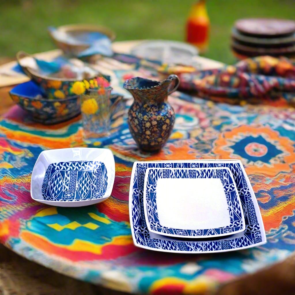 Coffret d'assiettes carrées en porcelaine fine Française fabriquées à la demande avec motif anneau ethnique d'Afrique "Ndop", du Cameroun présenté dans un coffret de 6 assiettes.