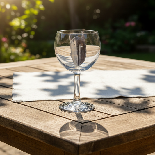 Verre à champagne avec motif masque sénoufo et disque sous pied au motif géométrique noir