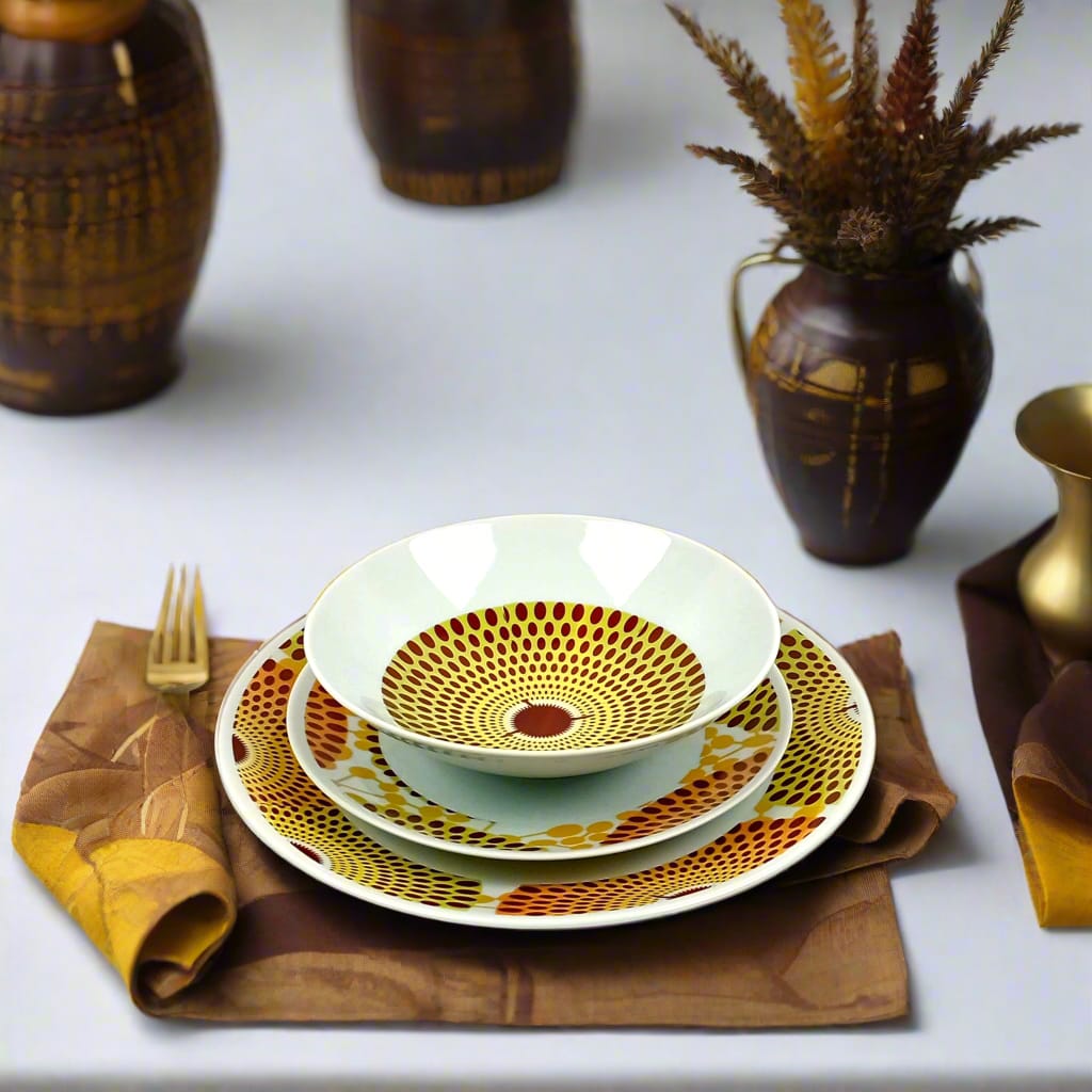 Coffret d'assiettes en porcelaine Française fabriquées à la demande avec motif anneaux larges wax d'Afrique Gammaphone orange dans coffret