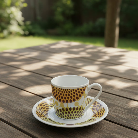 Tasse à Café en porcelaine Française avec soucoupe motif plein wax d'Afrique Gammaphone Jaune et Vert