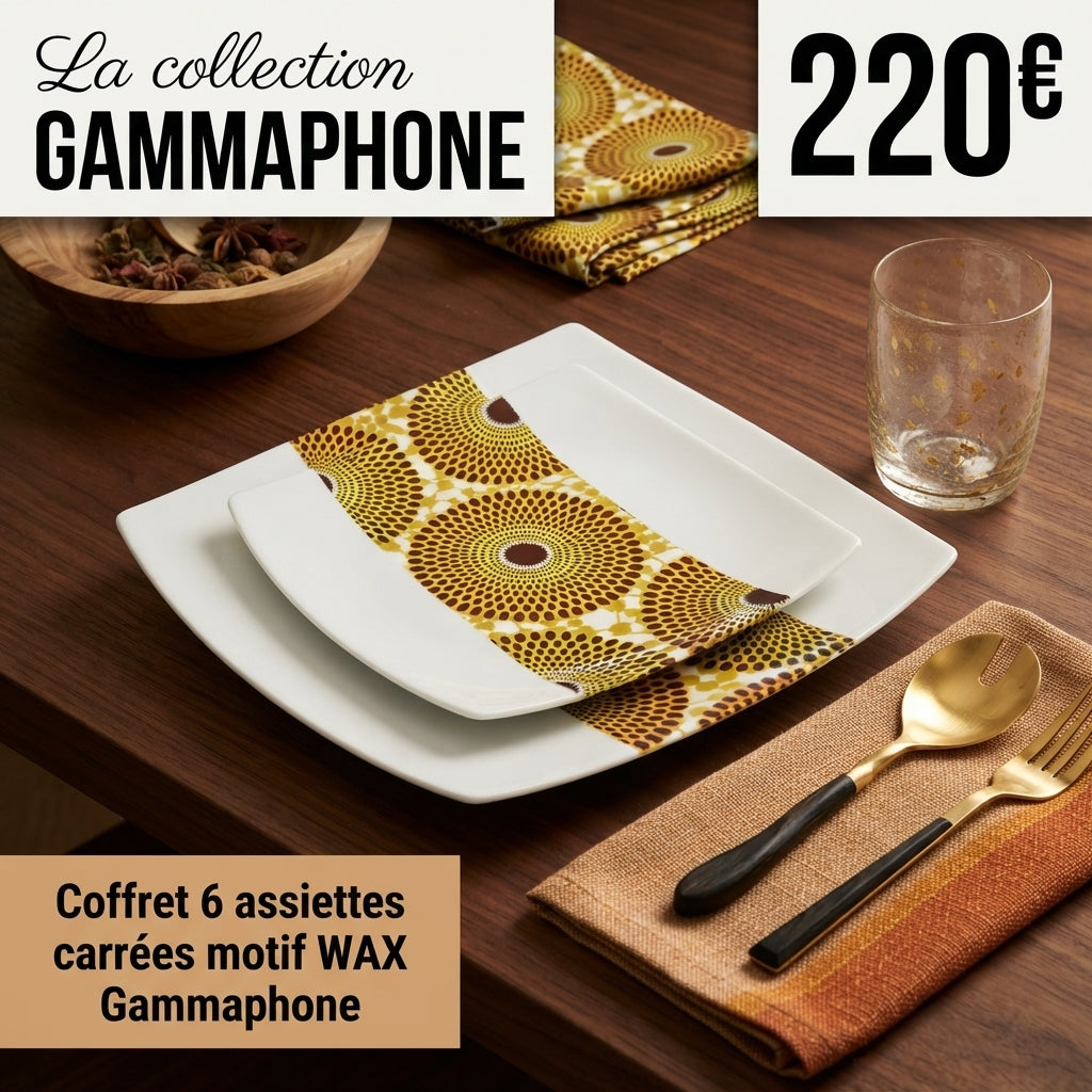Coffret d'assiettes carrées en porcelaine fine avec motif bande Gammaphone dans coffret de 12
