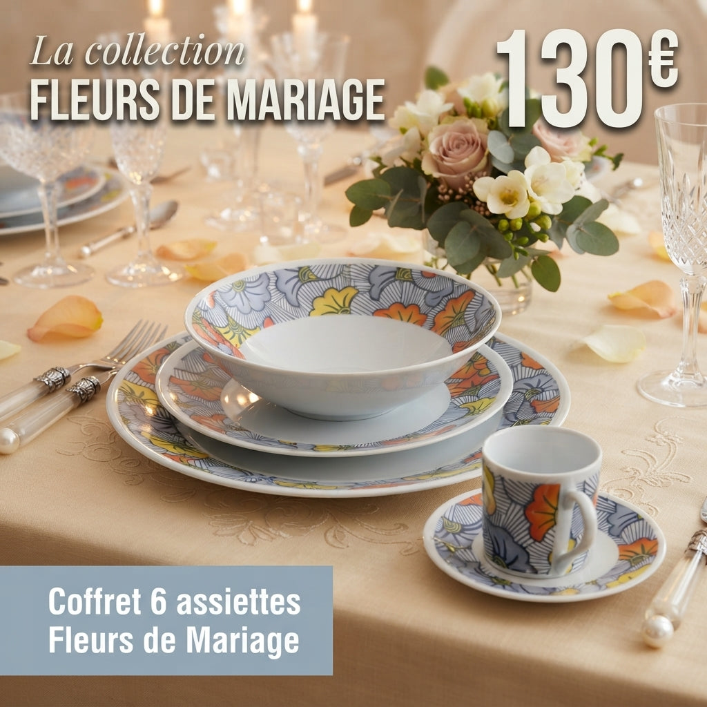 Coffret d'assiettes en porcelaine fine fabriquées à la demande avec motif anneaux larges "Fleurs de Mariage" dans coffret de 6