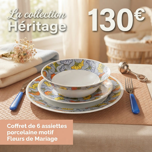 Coffret d'assiettes en porcelaine fine fabriquées à la demande avec motif anneaux larges "Fleurs de Mariage" dans coffret de 6