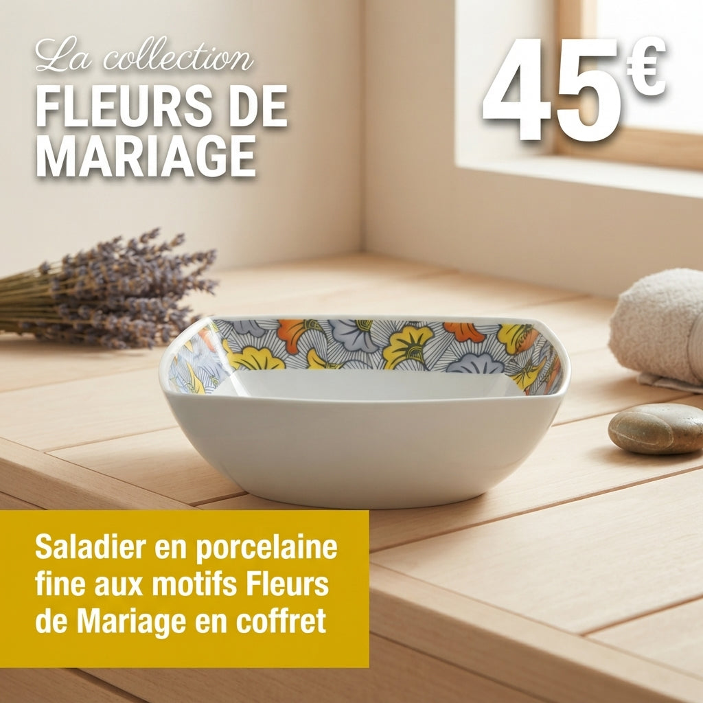 Saladier en porcelaine Française motif anneaux wax d'Afrique "Fleurs de Mariage" dans coffret