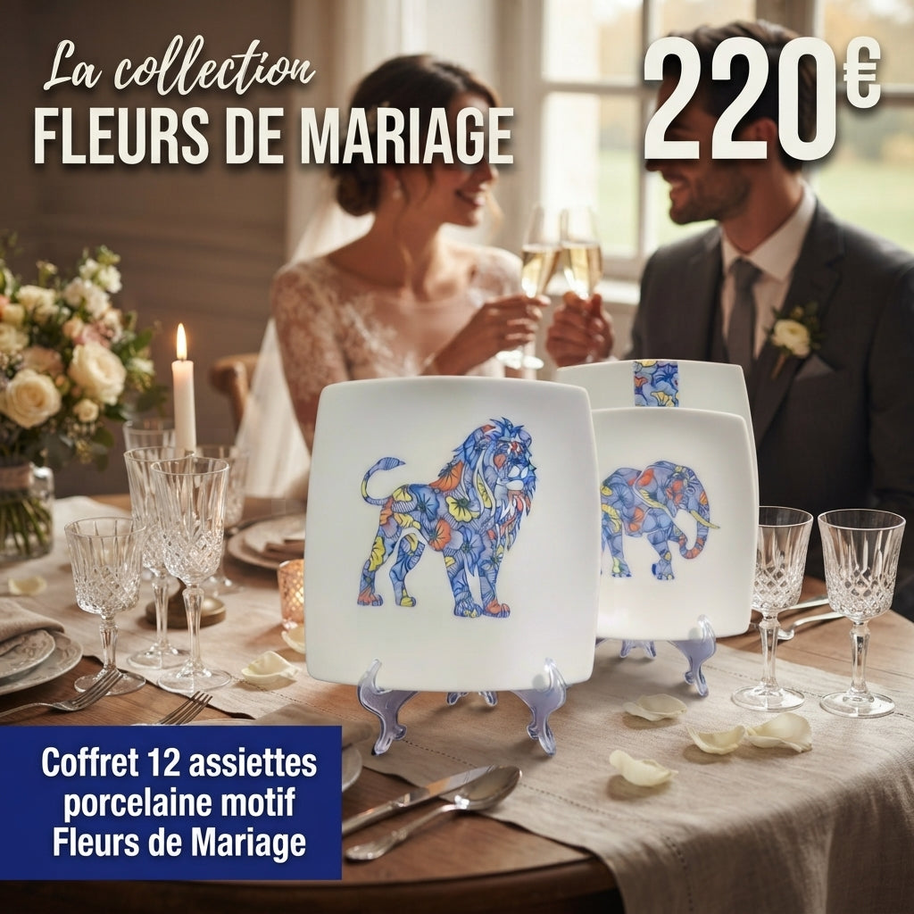 Coffret d'assiettes carrées en porcelaine fine fabriquées à la demande avec motif bande wax "Fleurs de Mariage" et Animaux dans coffret de 12