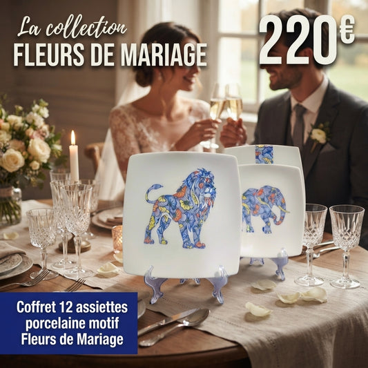 Coffret d'assiettes carrées en porcelaine fine fabriquées à la demande avec motif bande wax "Fleurs de Mariage" et Animaux dans coffret de 12