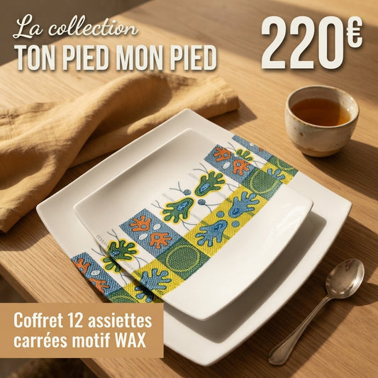 Coffret d'assiettes carrées en porcelaine fine avec motif bande WAX « Ton pied Mon pied »