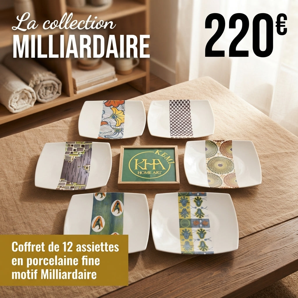 Coffret d'assiettes carrées en porcelaine fine Française fabriquées à la demande avec motif bande WAX d'afrique "Milliardaire" dans coffret de 12
