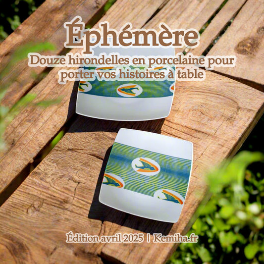 L'Envol - Coffret de 12 assiettes carrées en porcelaine à motif bande WAX « Hirondelles »