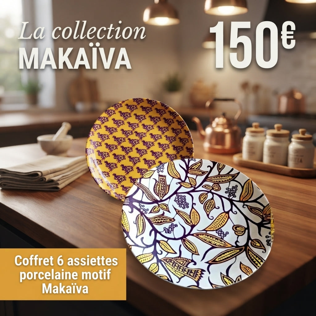 Coffret d'assiettes rondes en porcelaine fine avec motif Makaïva dans coffret 6