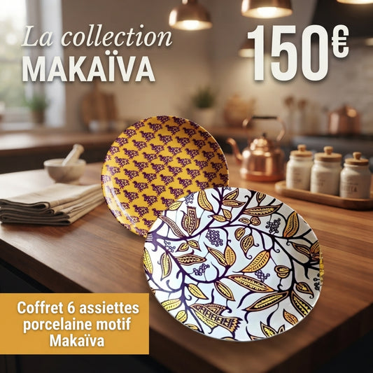 Coffret d'assiettes rondes en porcelaine fine avec motif Makaïva dans coffret 6