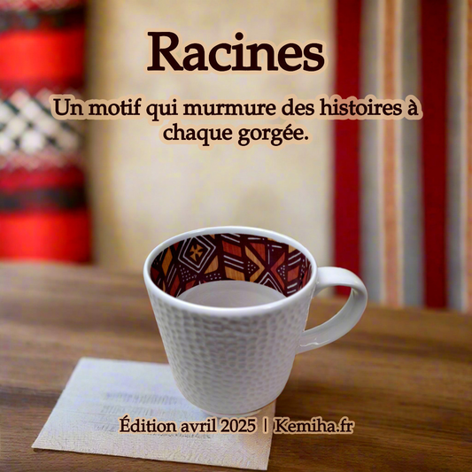 Mug en porcelaine fine fabriqué à la demande – Motif Bogolan intérieur, extérieur grenaillé