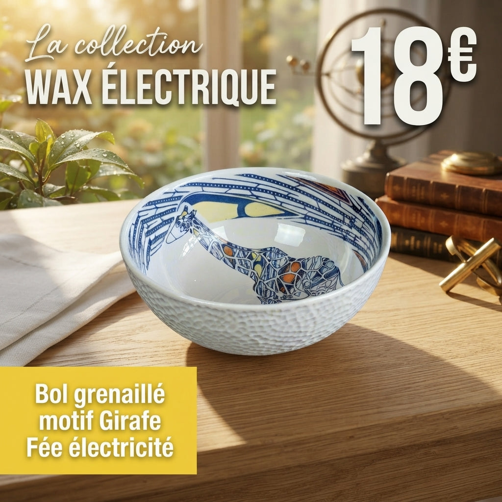 Bol grenaillé à l'extérieur en porcelaine fine fabriquées à la demande, motif WAX "Girafe Fée électricité" à l'intérieur
