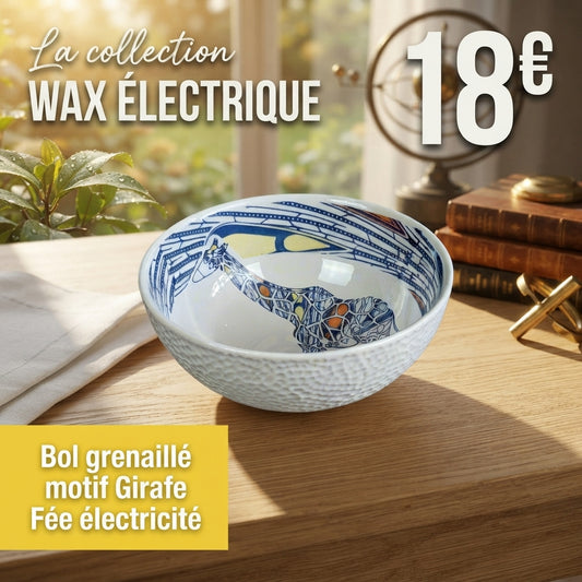 Bol grenaillé à l'extérieur en porcelaine fine fabriquées à la demande, motif WAX "Girafe Fée électricité" à l'intérieur