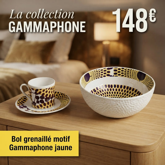 Bol grenaillé à l'extérieur en porcelaine fine fabriquées à la demande, motif wax "Gammaphone jaune" à l'intérieur