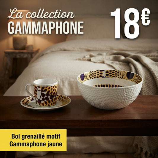 Bol grenaillé à l'extérieur en porcelaine fine fabriqué à la demande, motif wax "Gammaphone jaune" à l'intérieur