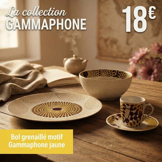 Bol grenaillé à l'extérieur en porcelaine fine fabriquées à la demande, motif wax "Gammaphone jaune" à l'intérieur