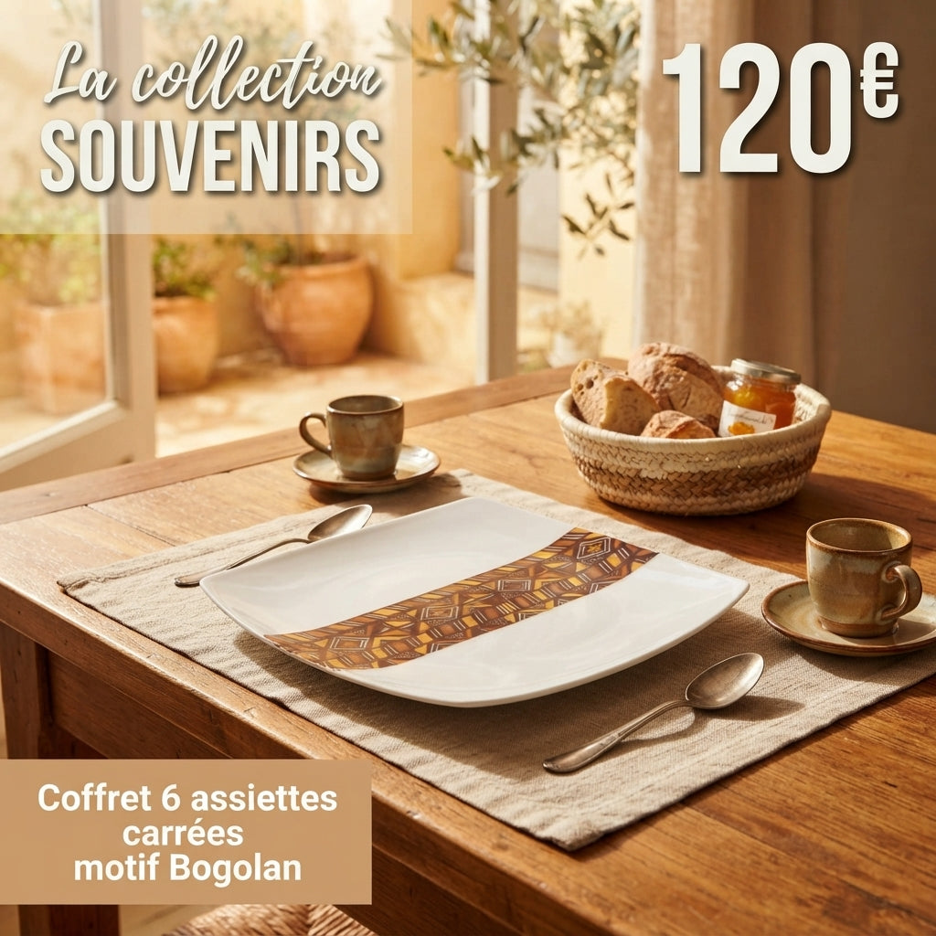 Coffret d'assiettes carrées en porcelaine fine avec motif bande Bogolan dans coffret de 6