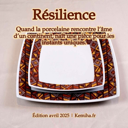 Coffret d'assiettes carrées en porcelaine fine – Motif anneau Ethnique "Bogolan Rhinocéros"