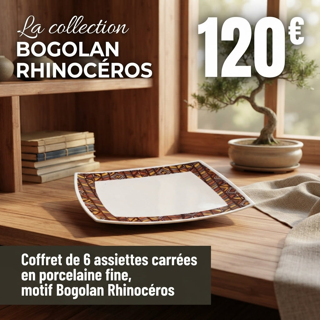 Coffret d'assiettes carrées en porcelaine fine Française fabriquées à la demande avec  motif anneau Ethnique d'Afrique "Bogolan Rhinoceros"