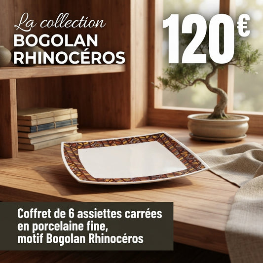 Coffret d'assiettes carrées en porcelaine fine Française fabriquées à la demande avec  motif anneau Ethnique d'Afrique "Bogolan Rhinoceros"