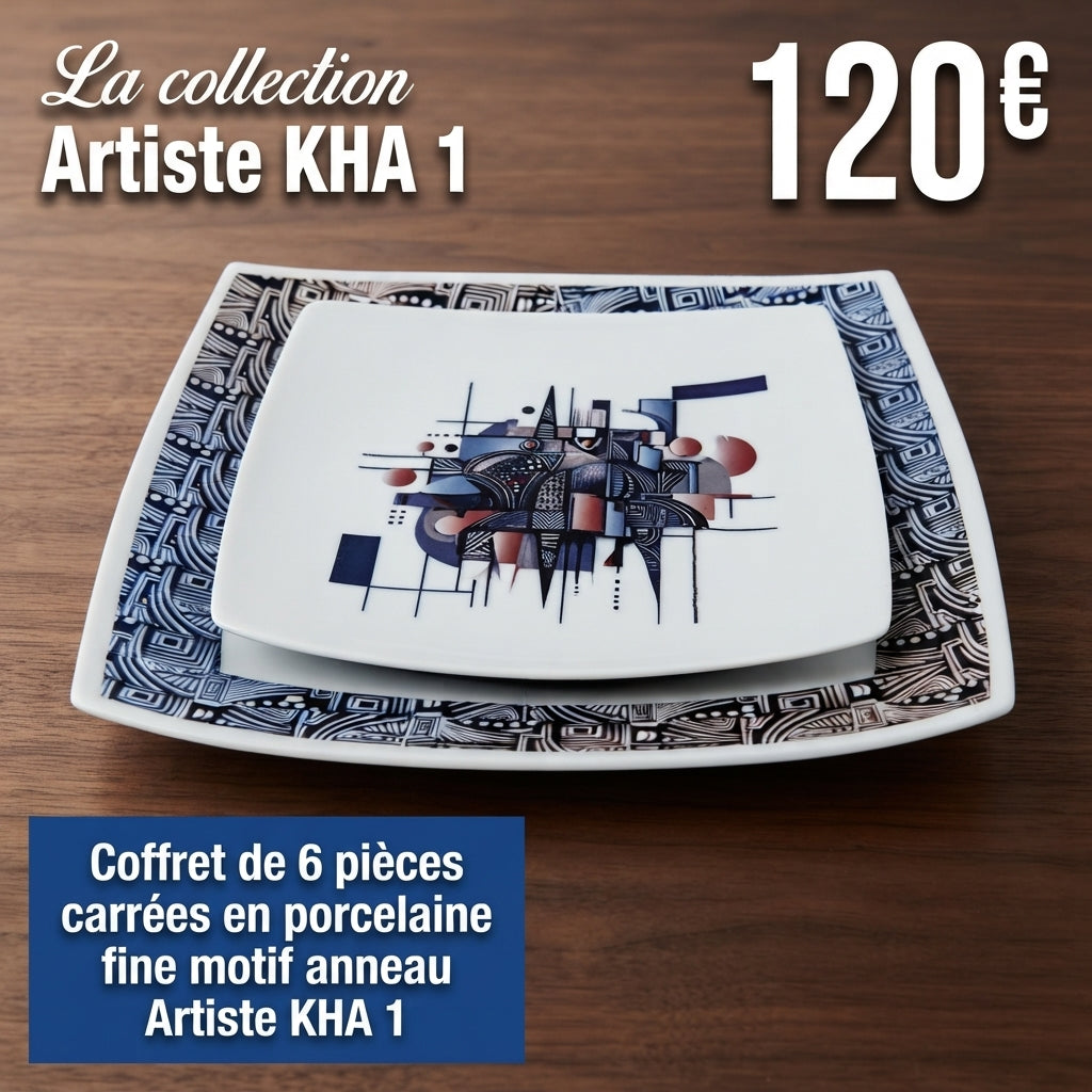 Coffret d'assiettes carrées en porcelaine fine Française fabriquées à la demande motif anneau Ethnique d'Afrique "Artiste KHA 1"