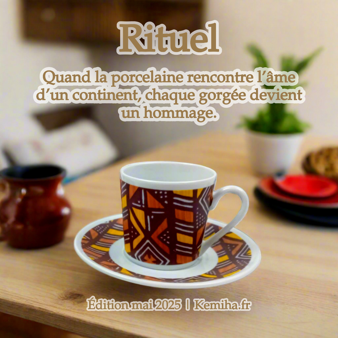 Tasse à Café avec soucoupe en porcelaine fine motif Bogolan – L’art de ritualiser l’ordinaire